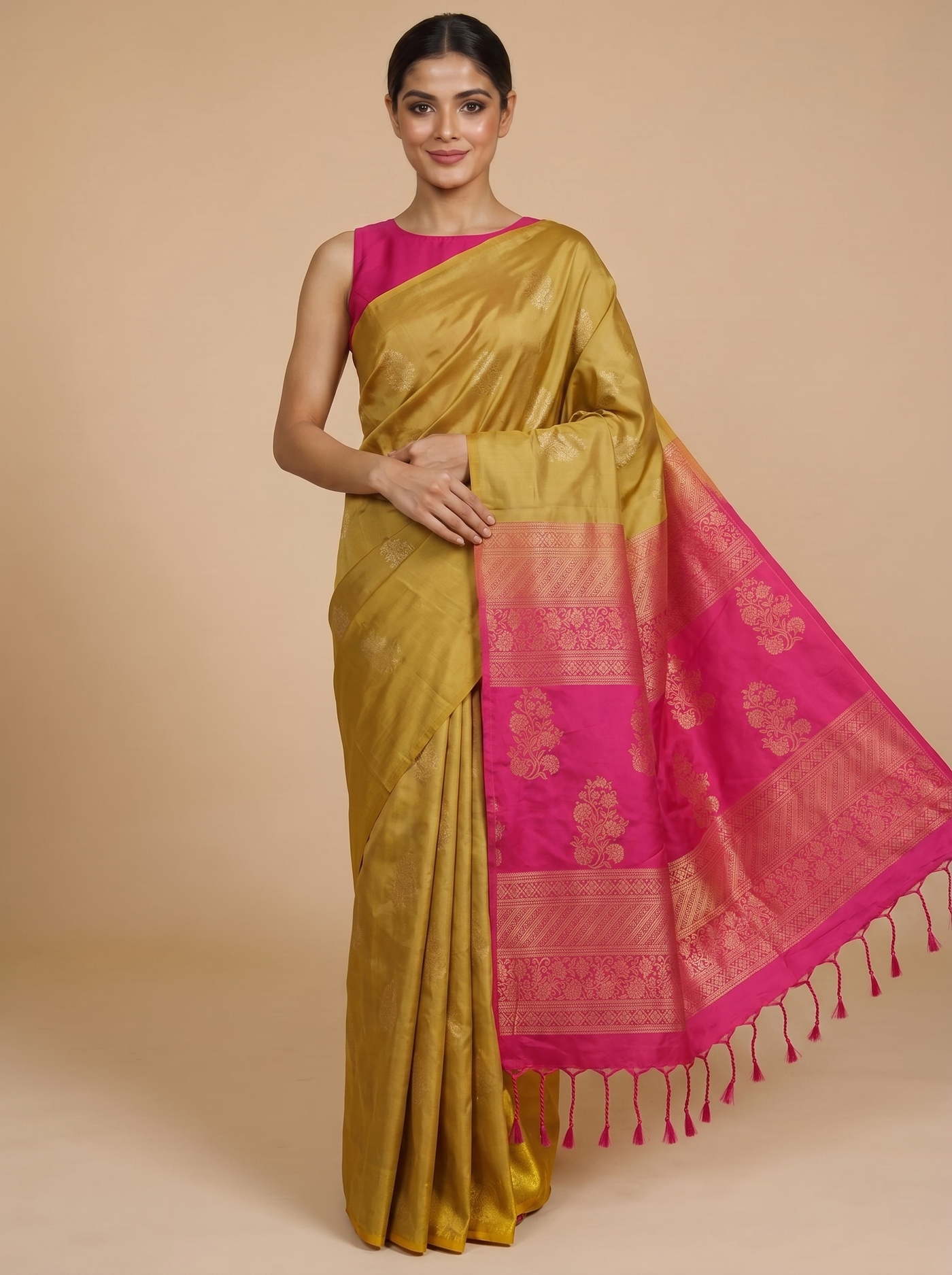 Mustard Green with Rani Pink Semi Silk Saree