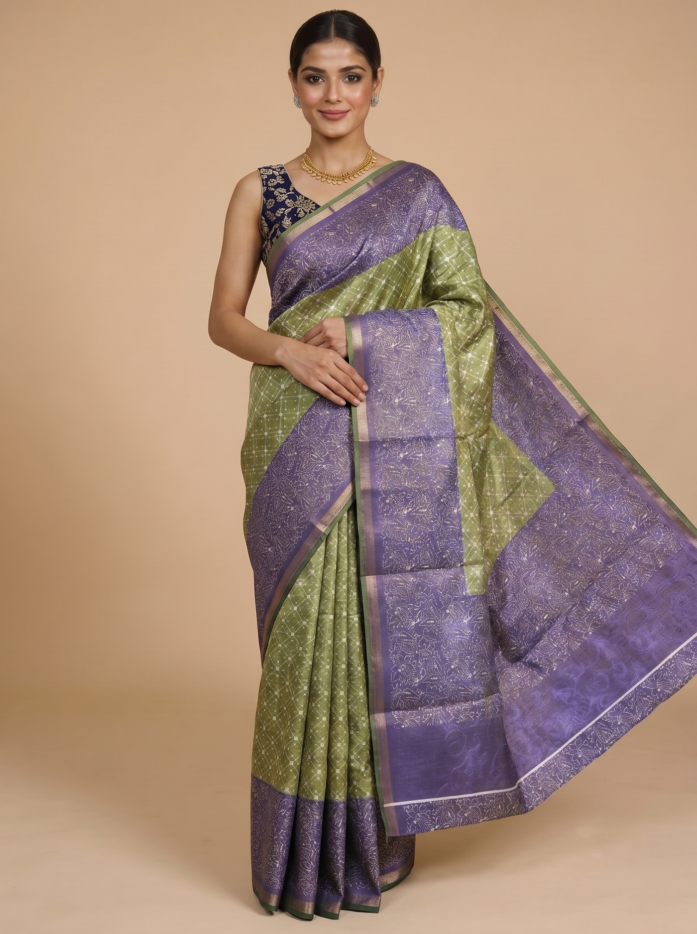 Olive Green with Violet - Linen Cotton Saree