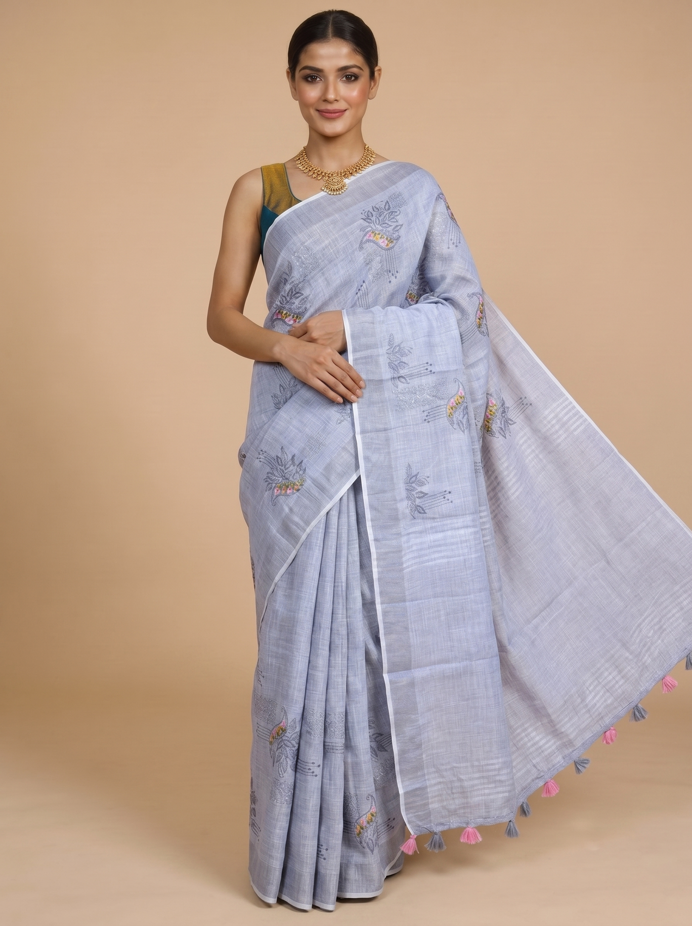 Ice Blue with Soft Silver - Linen Cotton Saree