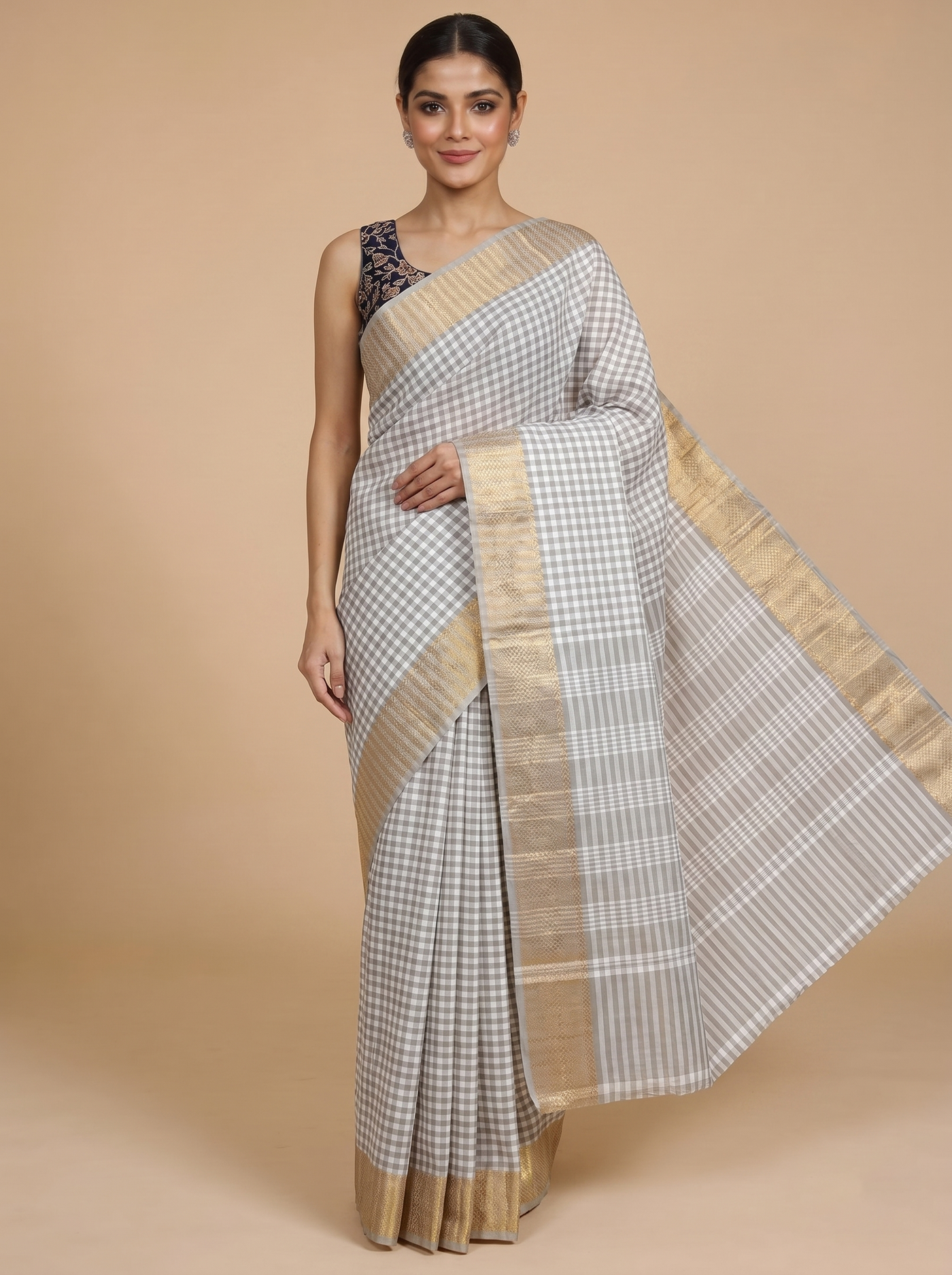 Grey and Off-White Chettinad Cotton Saree