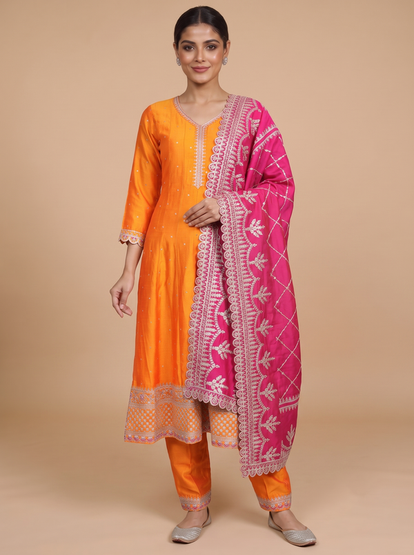 Mango Orange with Magenta Pink Dupatta Ready Made Kurti Set