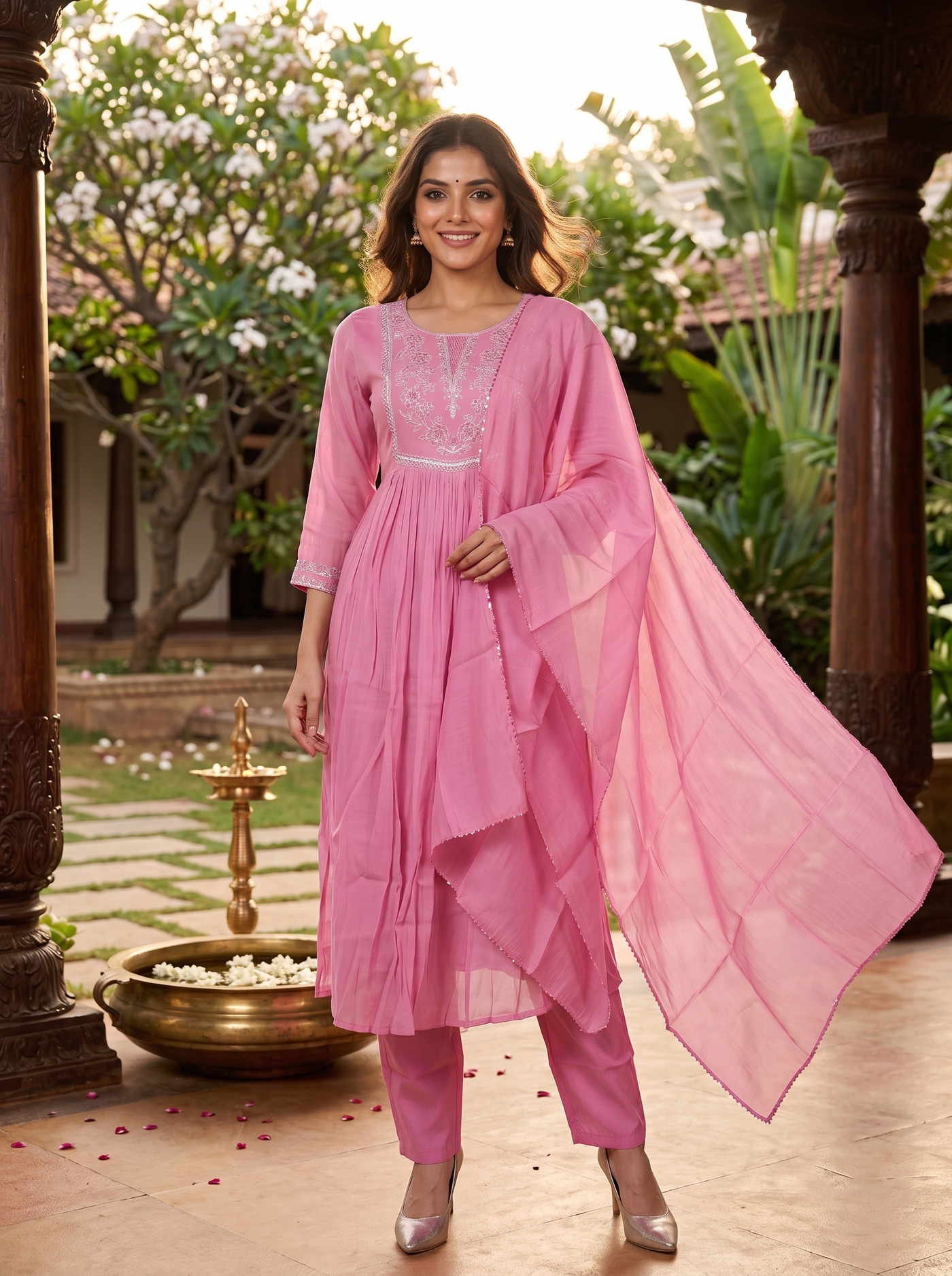 Pink with Dupatta Anarkali Set