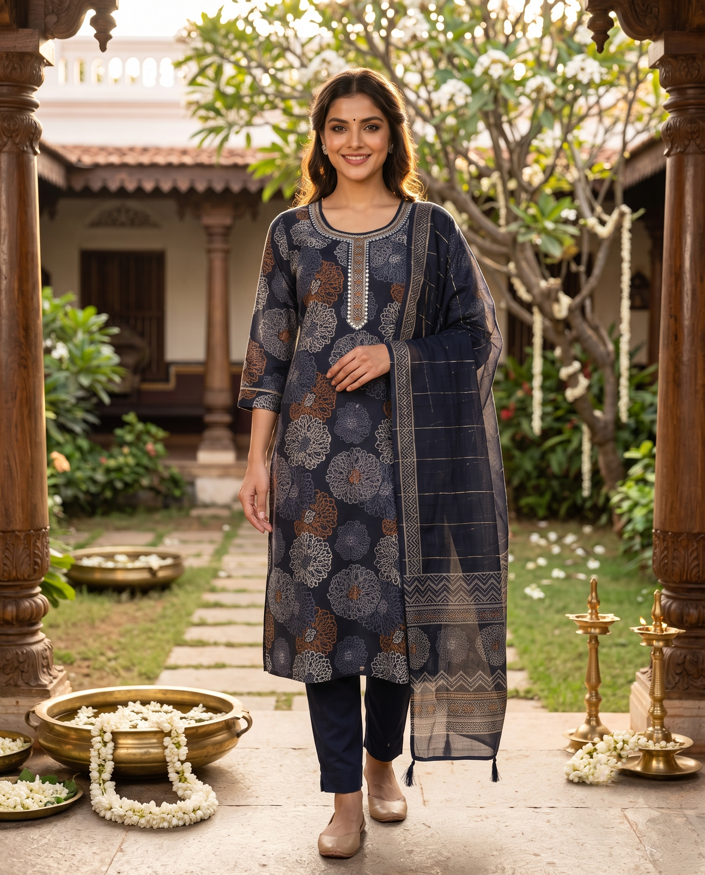 Navy Blue with Dark Navy Blue Dupatta Ready Made Kurti Set