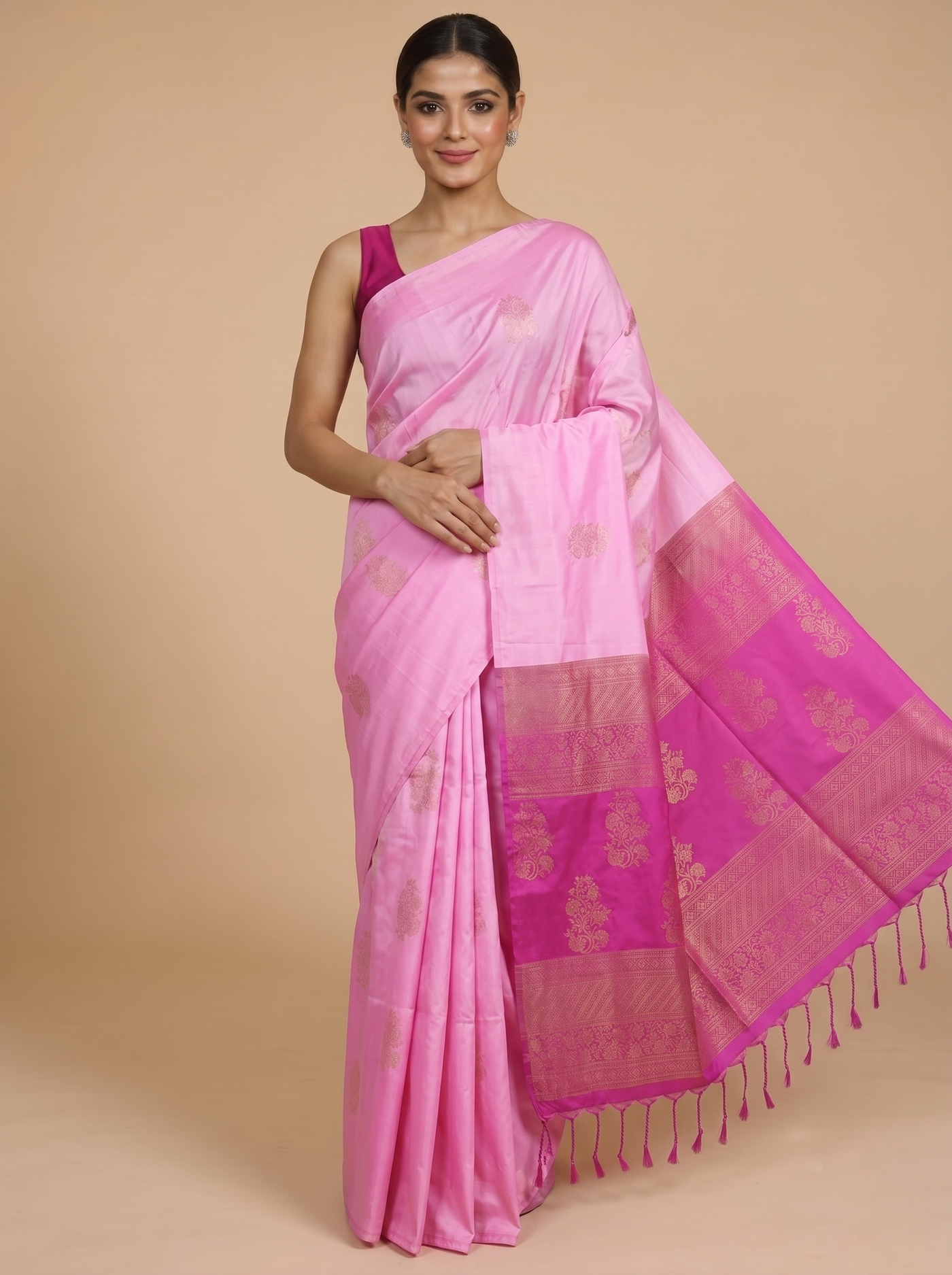 Baby Pink with Magenta Semi Silk Saree