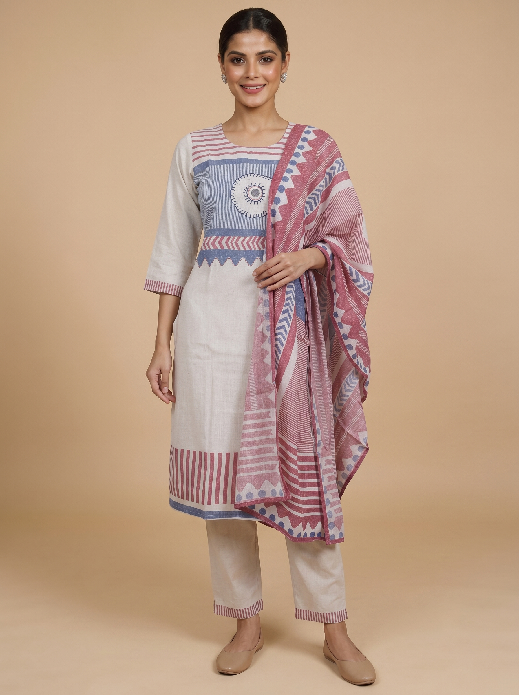 Off-White with Red and Blue Ready Made Kurti Set