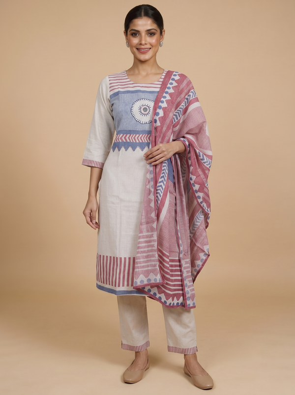Off-White with Red and Blue Ready Made Kurti Set