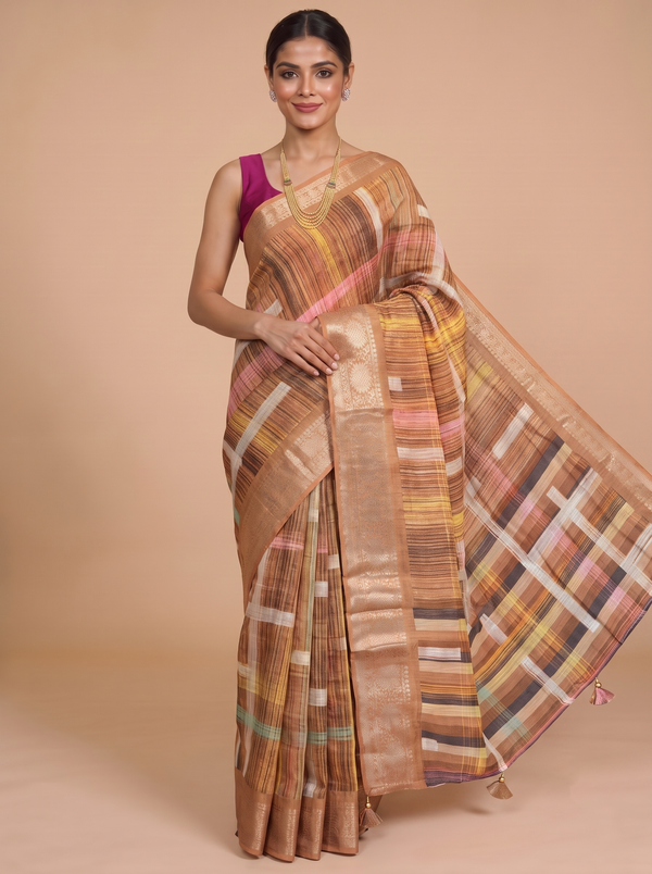 Elegant Ochre Brown with Golden Zari Pallu - Semi Raw Silk Saree
