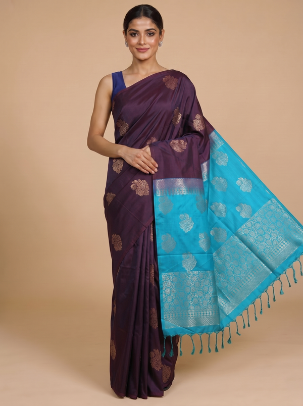 Wine with Turquoise - Semi Silk Saree