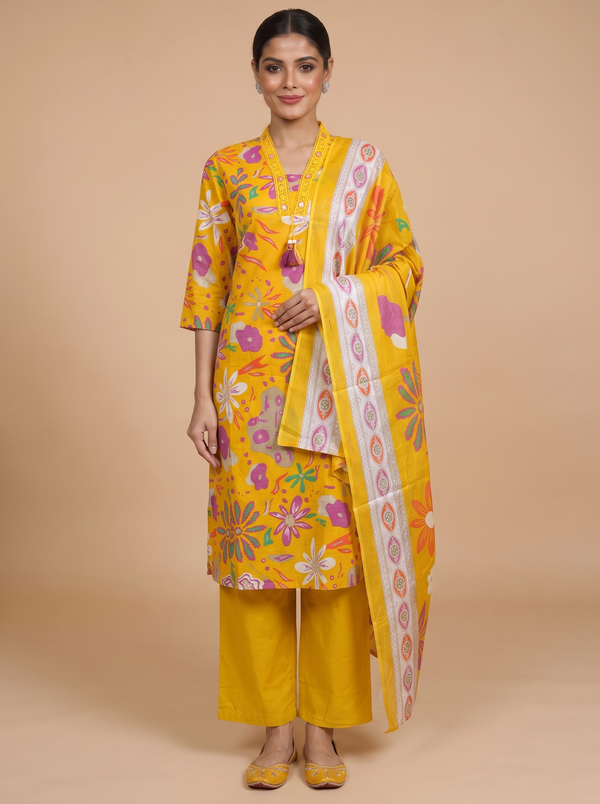 Bright Yellow with Yellow Printed Dupatta Anarkali Set