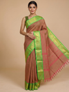 Sandalwood Brown and Parrot Green Chettinad Cotton Saree