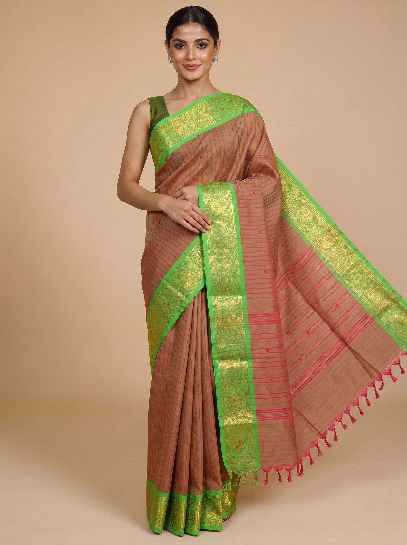 Sandalwood Brown and Parrot Green Chettinad Cotton Saree
