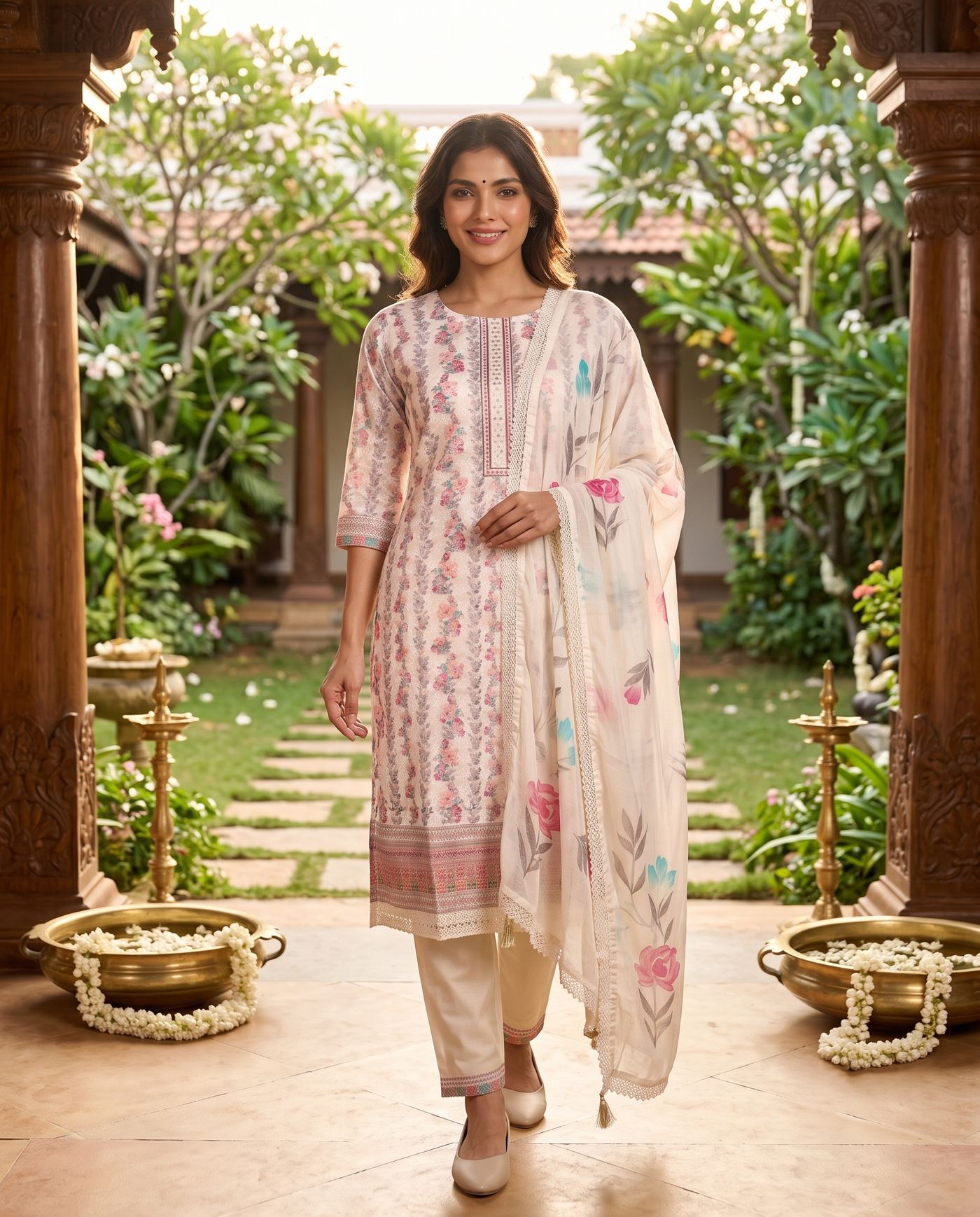 Off-White with Floral  Dupatta Ready Made Kurti Set