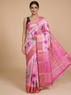 Light Pink Floral Printed Saree with Dark Pink Zari Pallu - Semi Raw Silk Saree
