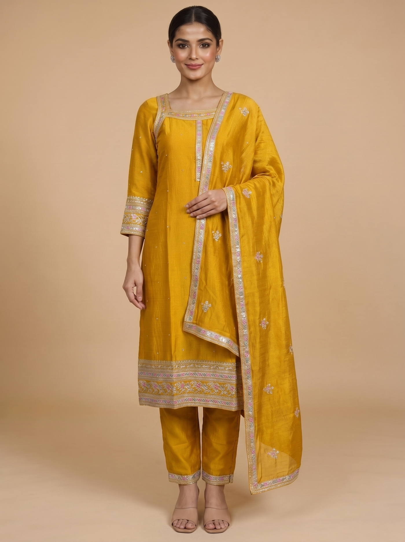 Mustard Yellow with Silver Ready Made Salwar Suit