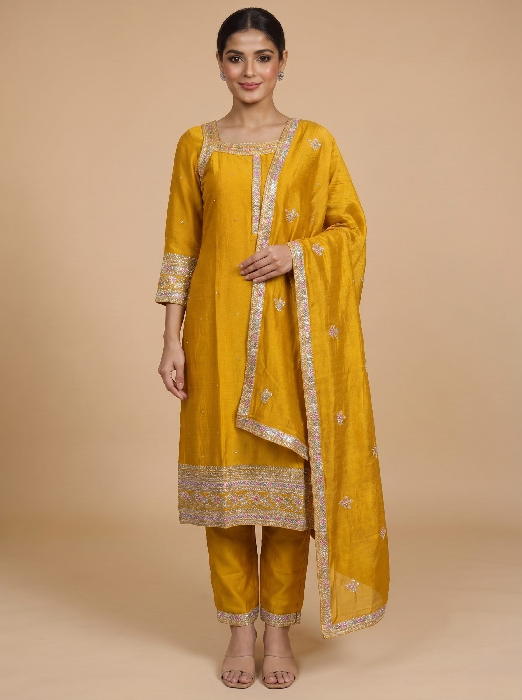 Mustard Yellow with Silver Ready Made Salwar Suit