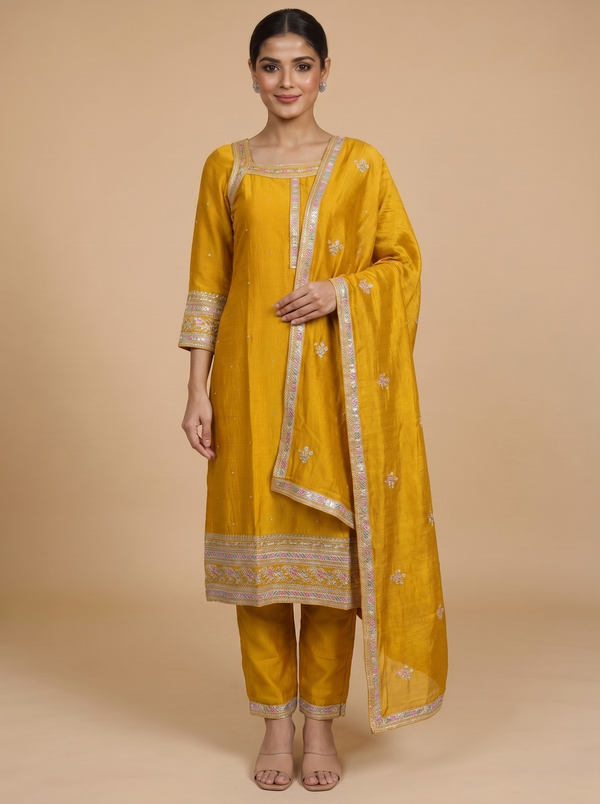 Mustard Yellow with Silver Ready Made Salwar Suit