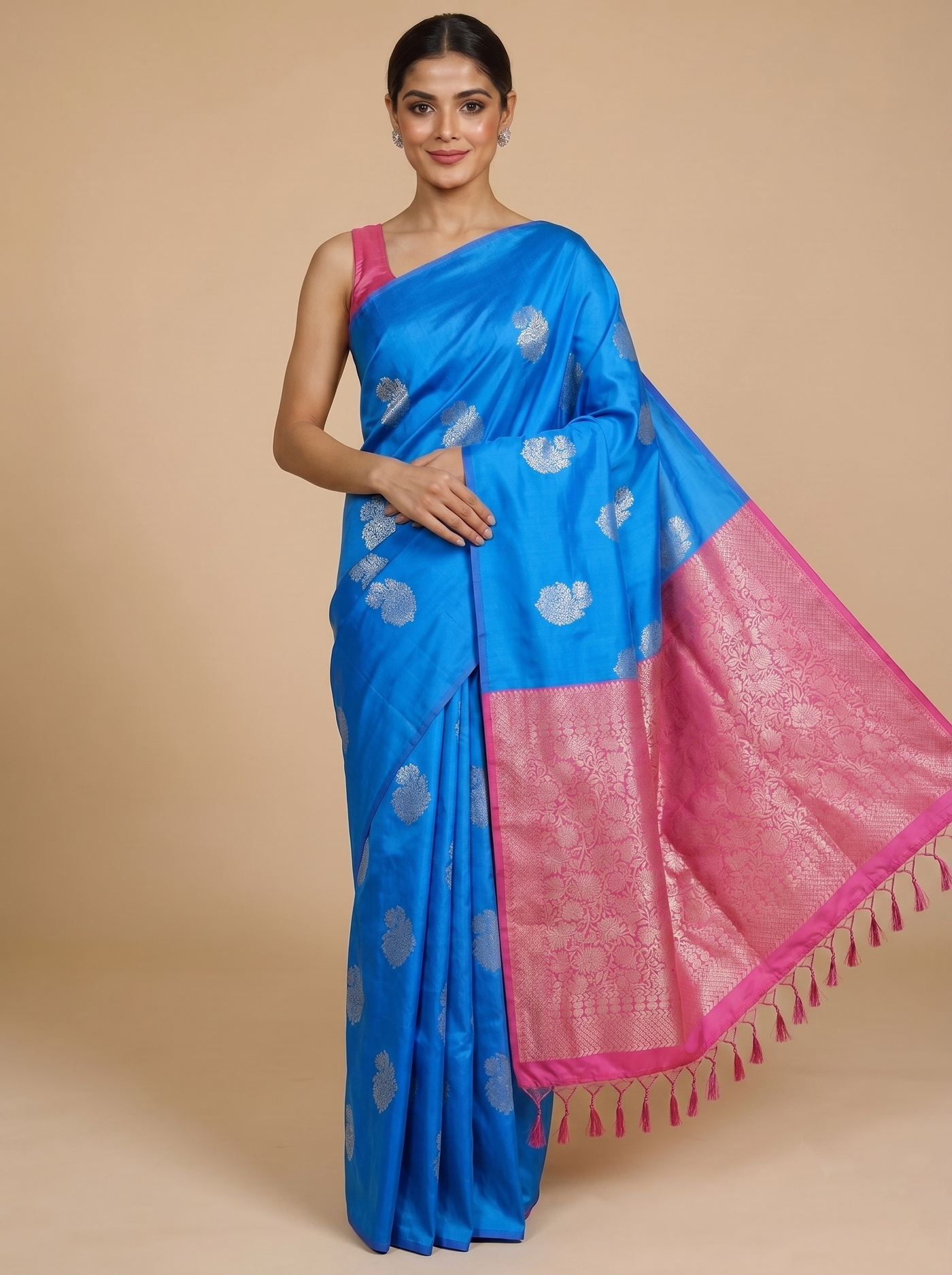 Sky Blue with Pink - Semi Silk Saree