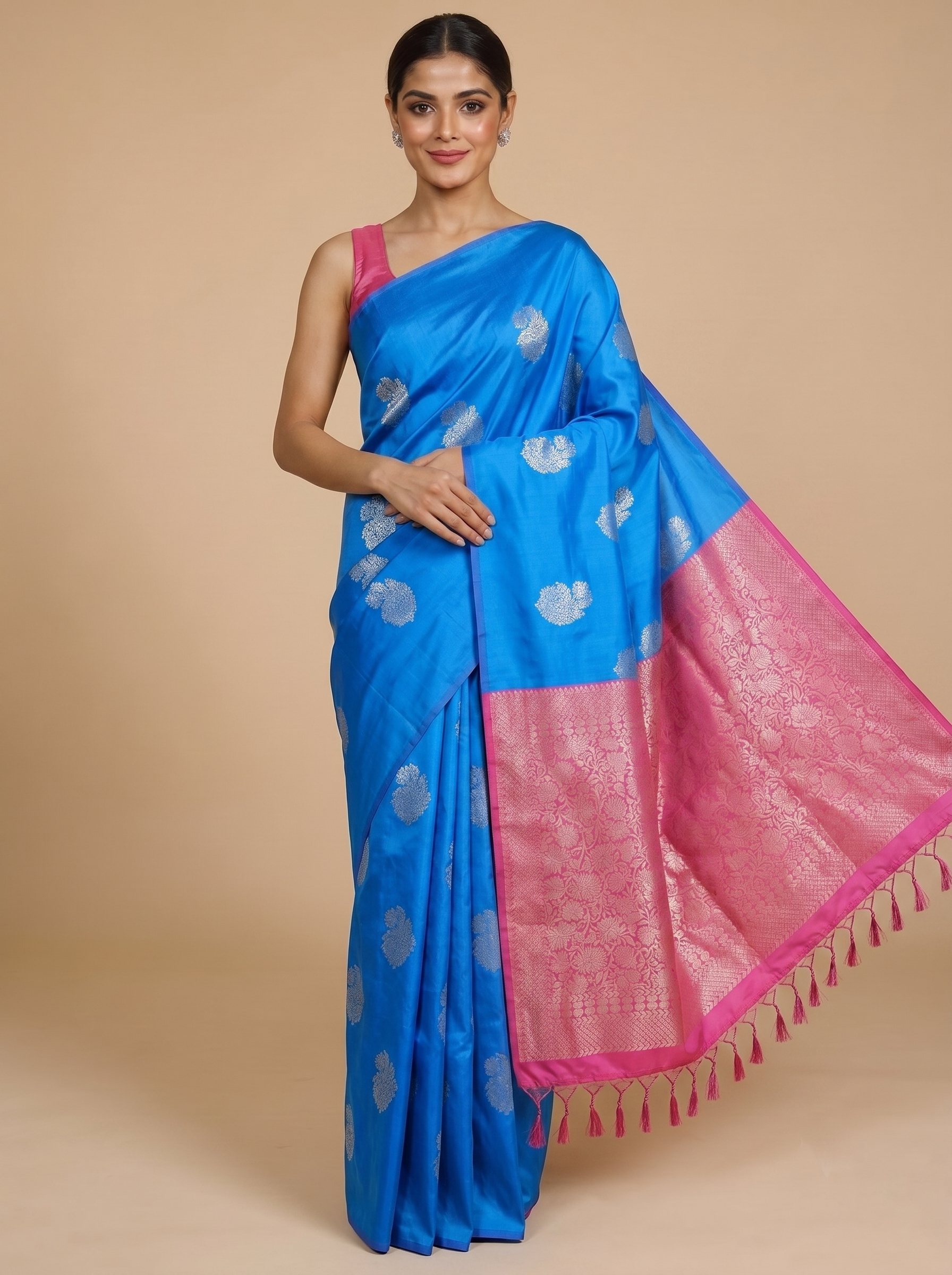 Sky Blue with Pink - Semi Silk Saree