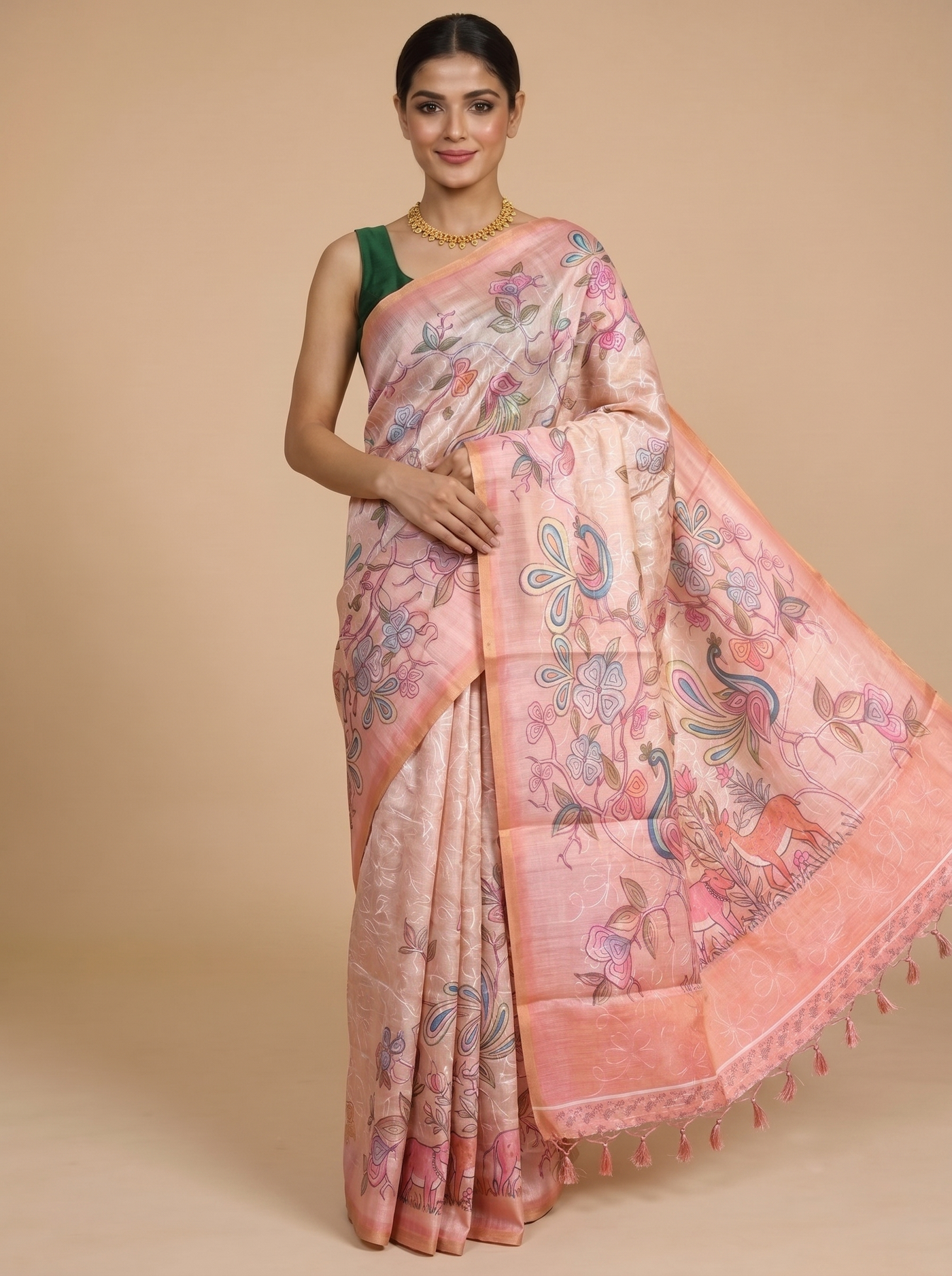 Light Beige with Peach Pallu - Linen Cotton Saree