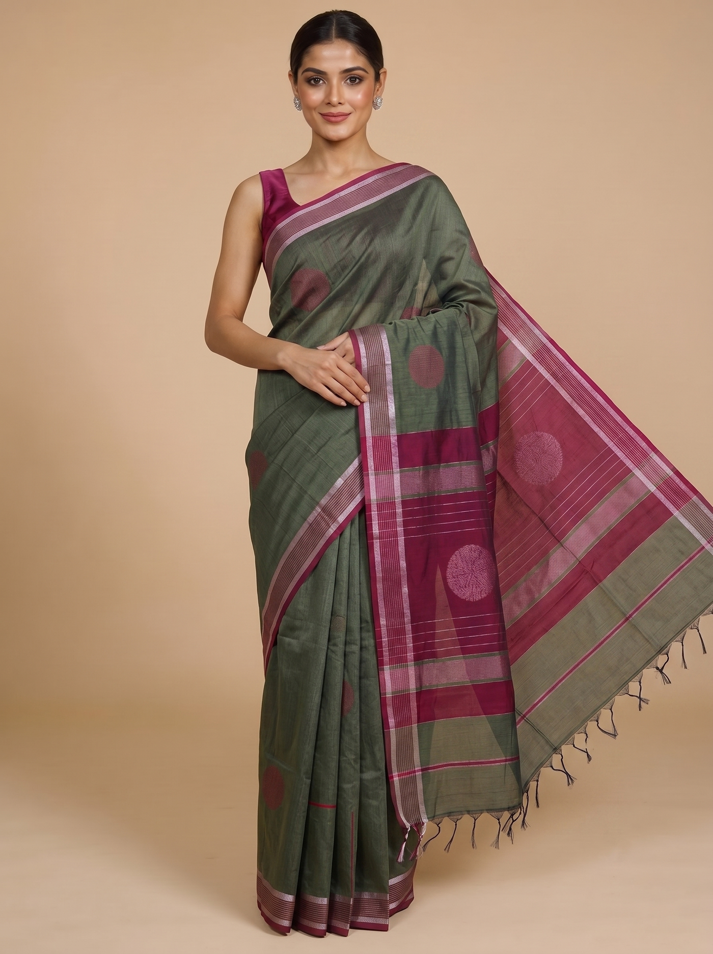 Olive Green with Magenta Silk Cotton Saree