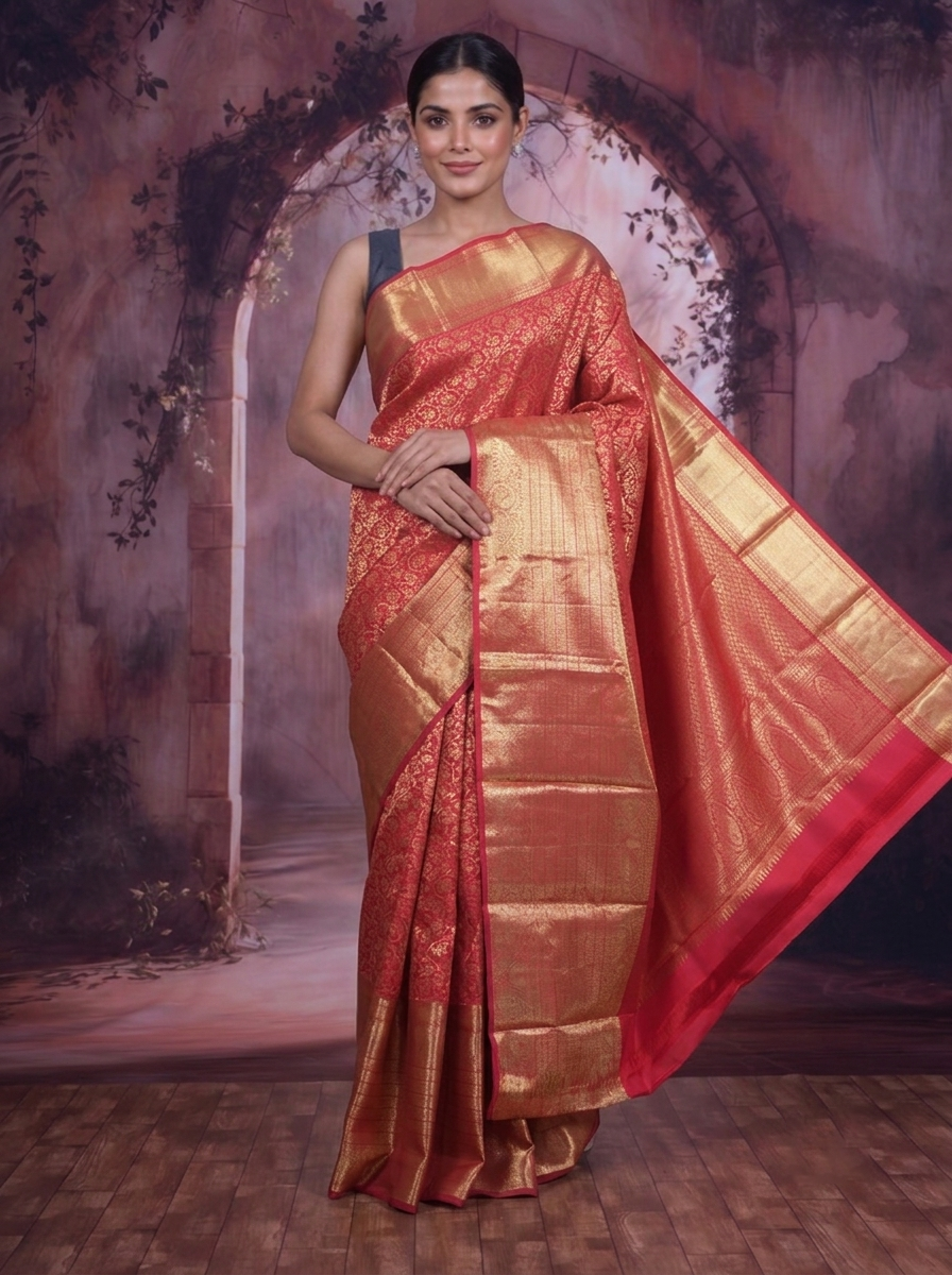 Regal Crimson Red and Antique Gold Kanjivaram Silk Saree