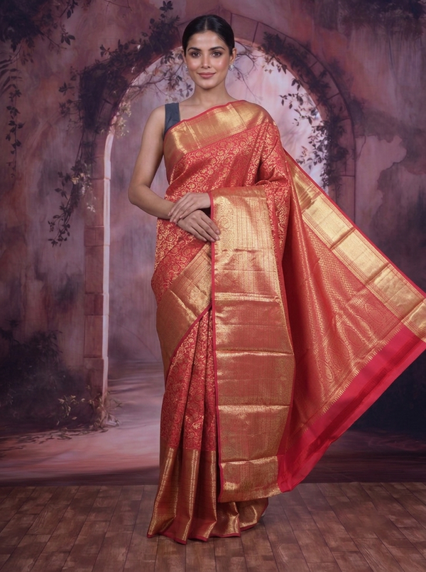 Regal Crimson Red and Antique Gold Kanjivaram Silk Saree