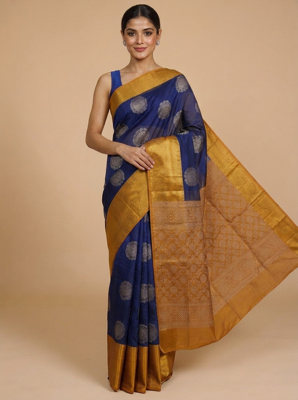 Navy Blue with Mustard Silk Cotton Saree