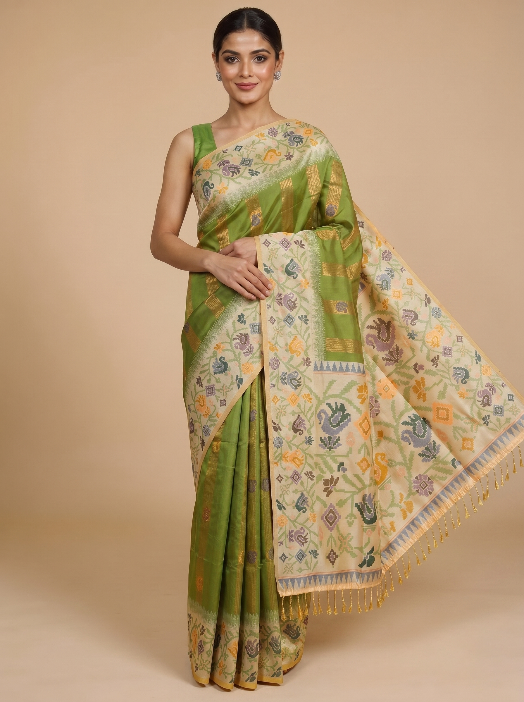 Olive Green with Off-White Cream Fancy Silk Saree