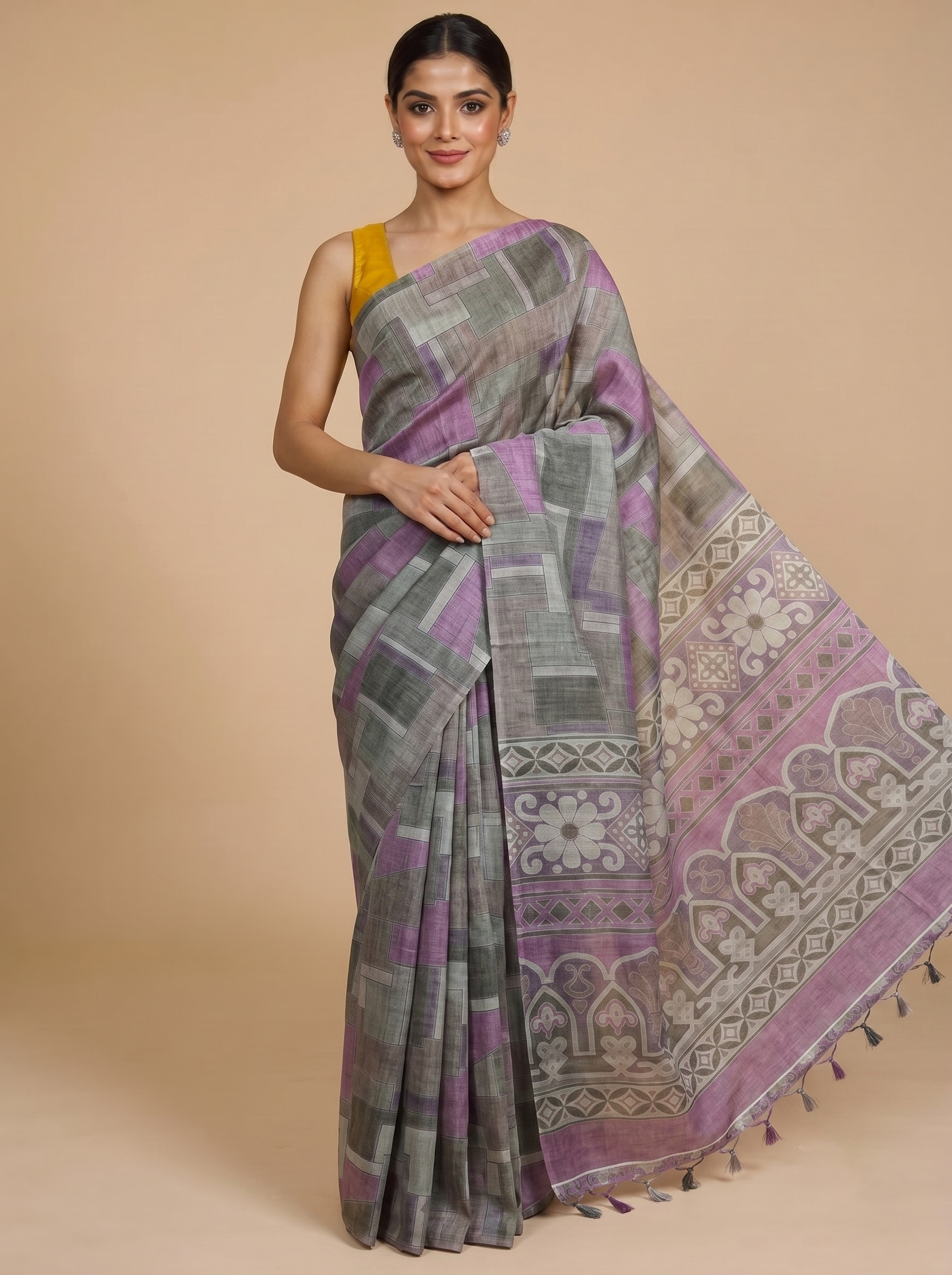 Grey and Purple with Mauve Printed Pallu - Semi Tussar Saree