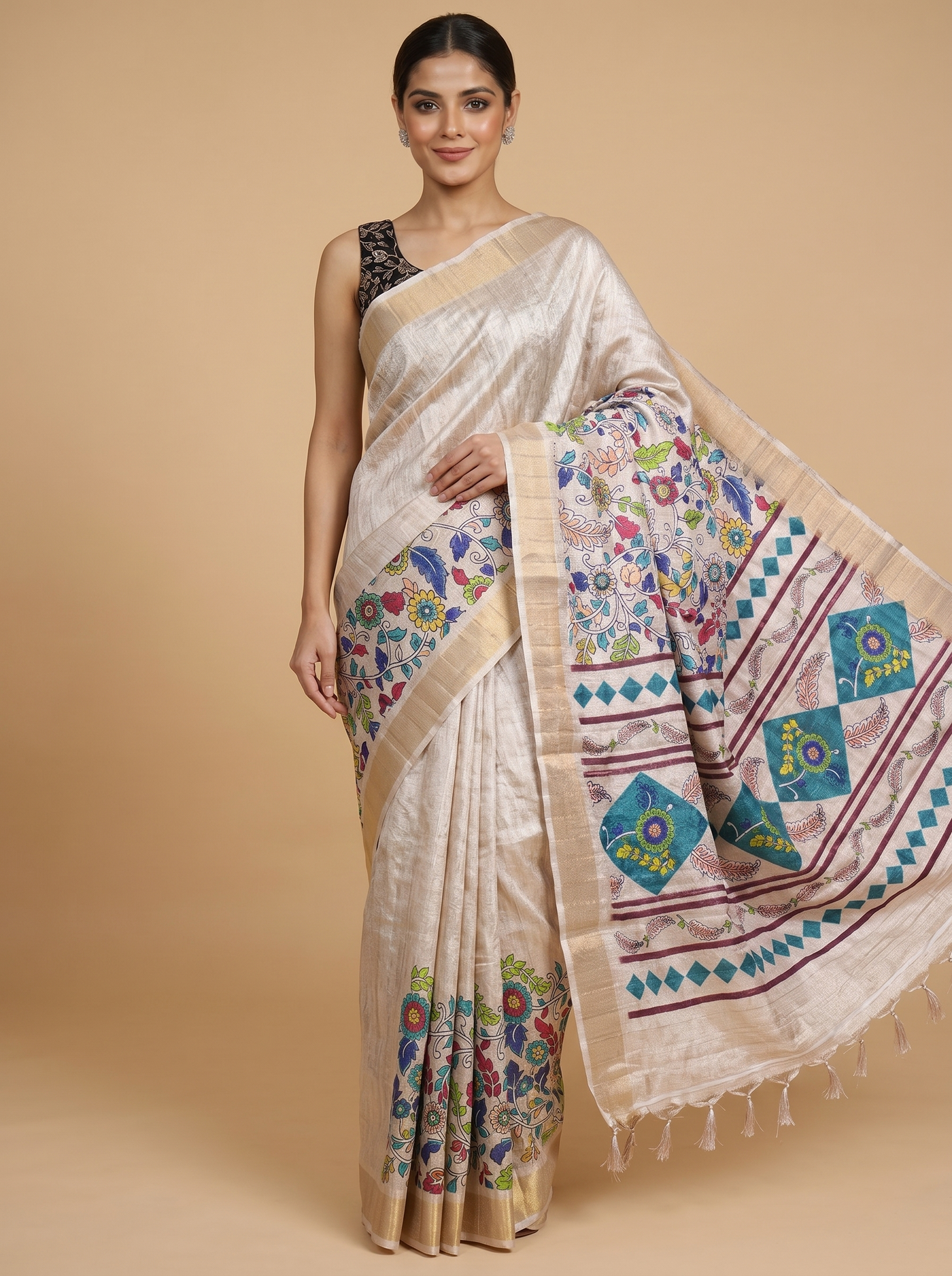 Silver Grey Dola Silk Saree with Multicolour Munthi & Floral Art