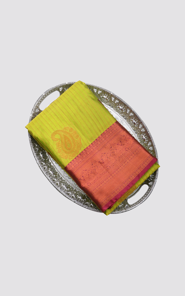 Semi Kanjivaram Silk Saree Lime Green and Red with allover Zari Woven Vertical Stripes & Paisley Buttas and Zari woven Border