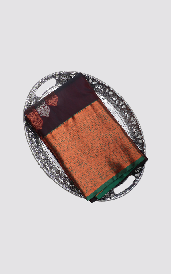 Semi Kanjivaram Silk Saree Coffee Brown & Dark Green with Zari Woven Buttas and Zari Woven Border
