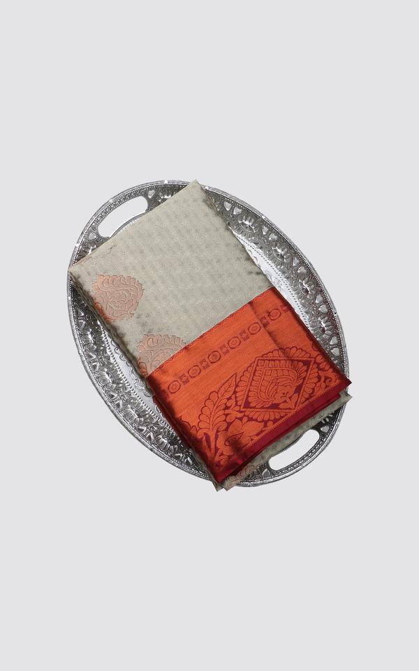 Semi Kanjivaram Silk Saree Light Grey & Red with Self Embossed Pattern and Zari Woven buttas and Zari Woven Border