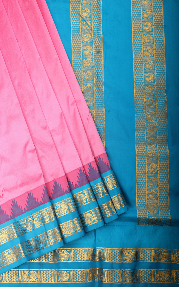 Pink and Teal Blue 10 Yards Pure Silk Saree