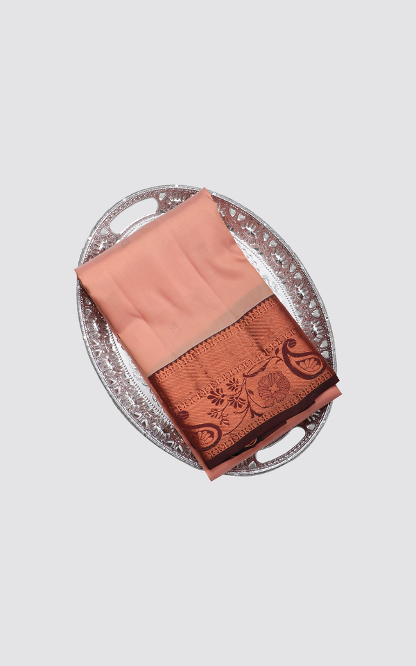 Semi Kanjivaram Silk Saree Pastel Peach and Brown with Zari Woven Buttas and Zari woven Border