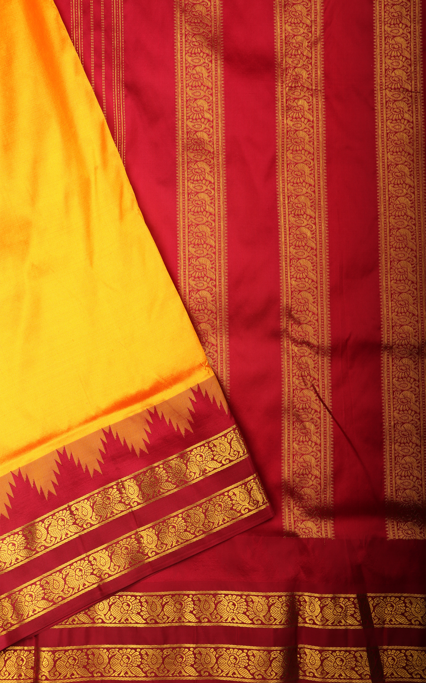 Mango Yellow and Maroon 10 Yards Pure Silk Saree