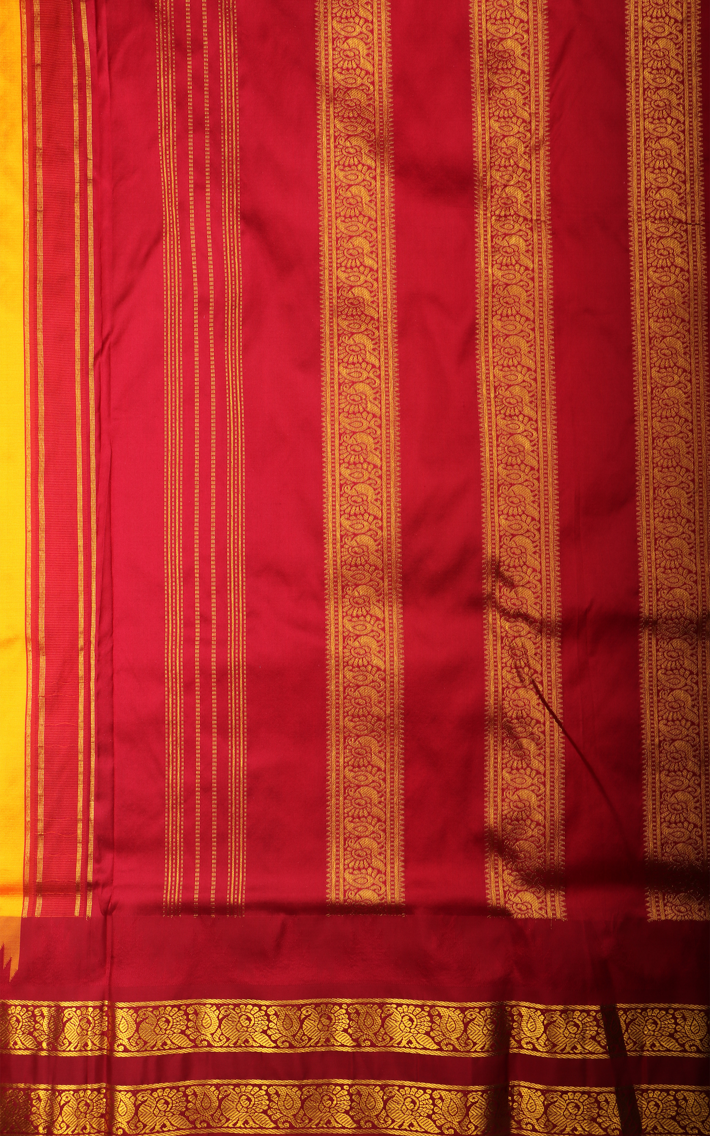 Mango Yellow and Maroon 10 Yards Pure Silk Saree