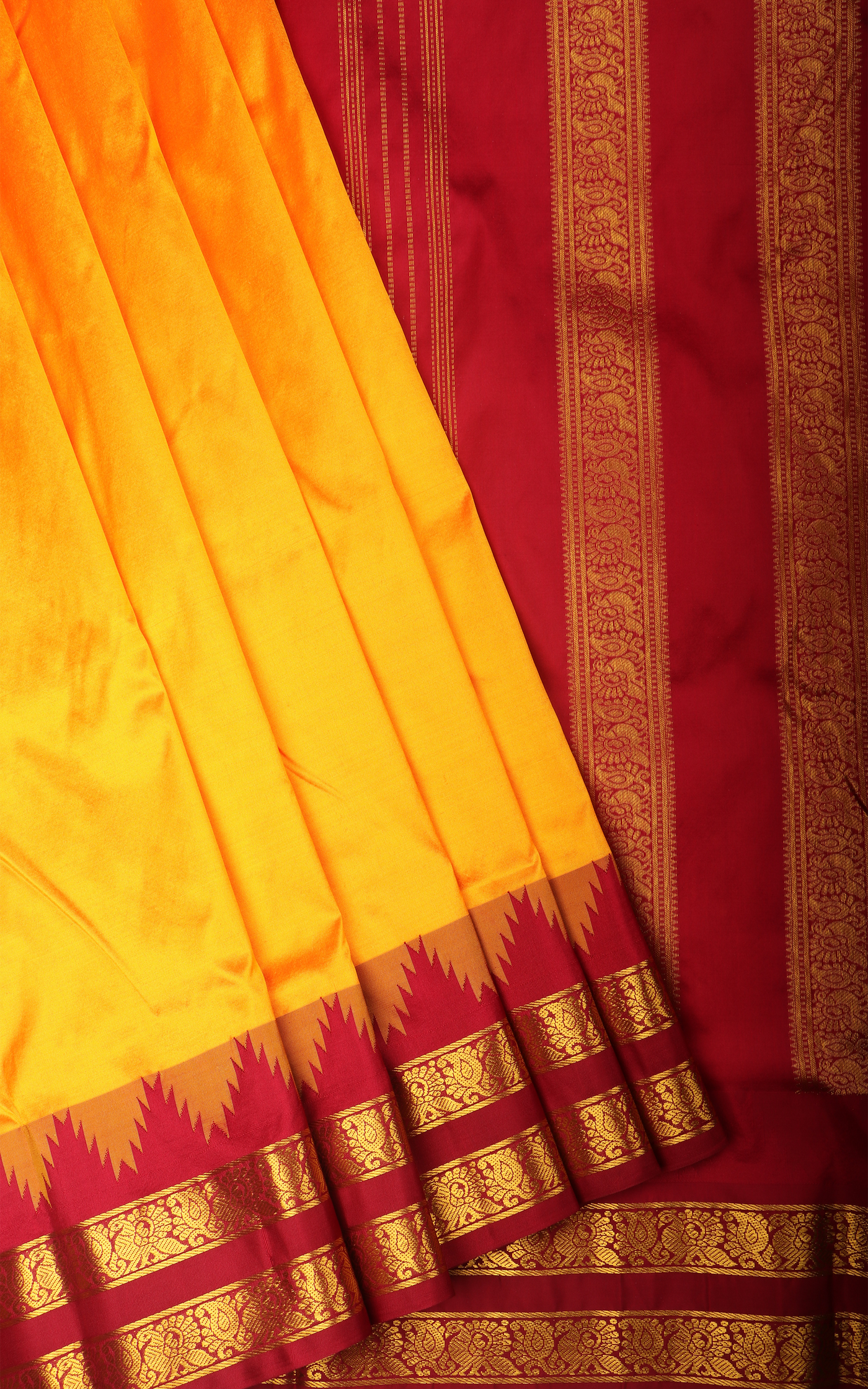 Mango Yellow and Maroon 10 Yards Pure Silk Saree