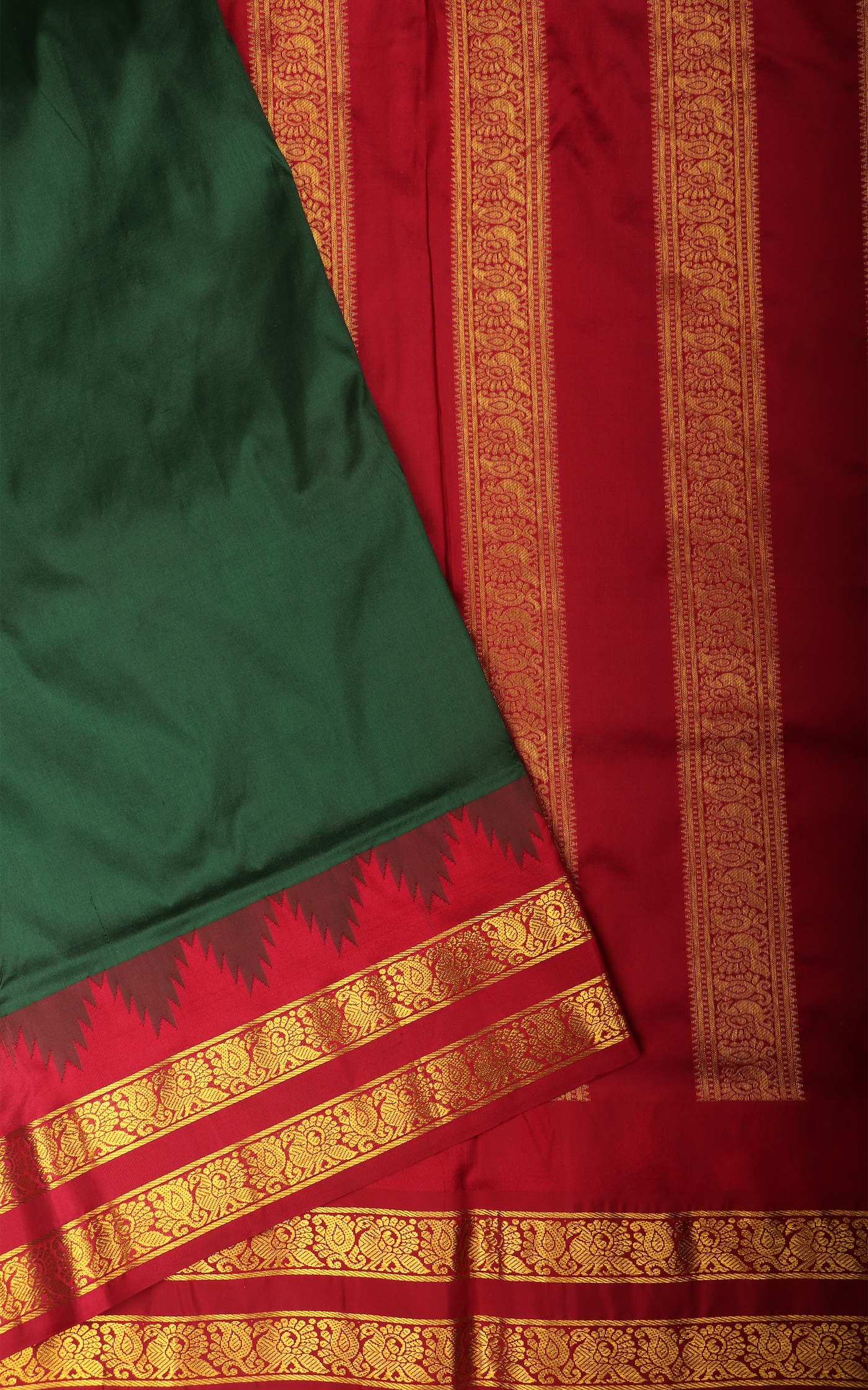 Bottle Green and Maroon 10 Yards Pure Silk Saree