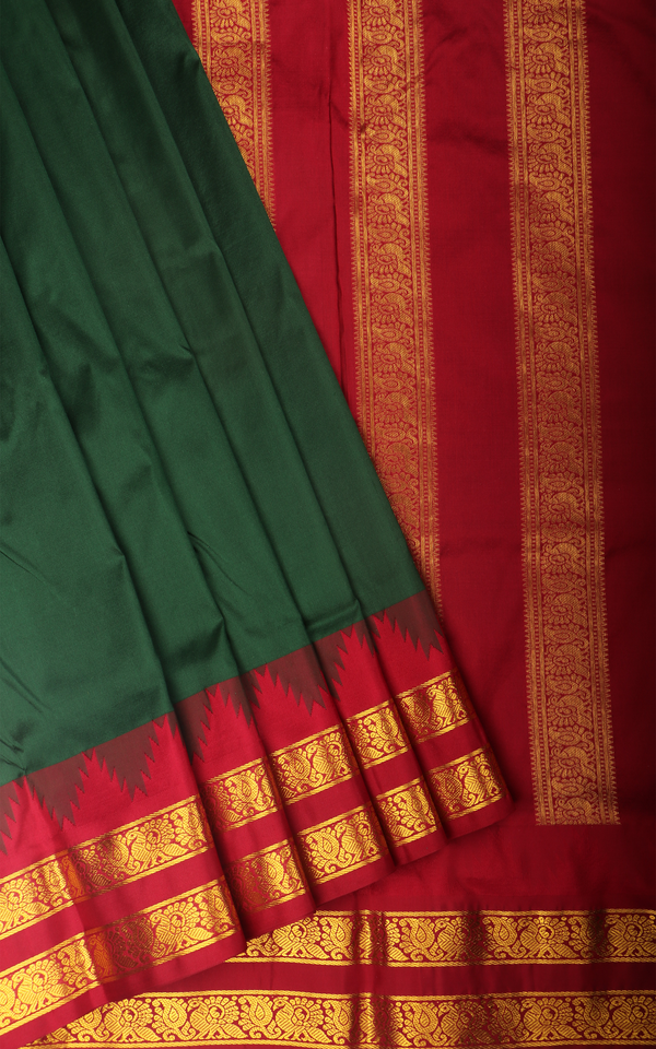 Bottle Green and Maroon 10 Yards Pure Silk Saree