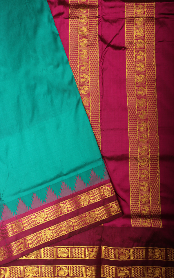 Teal Green and Maroon 10 Yards Pure Silk Saree