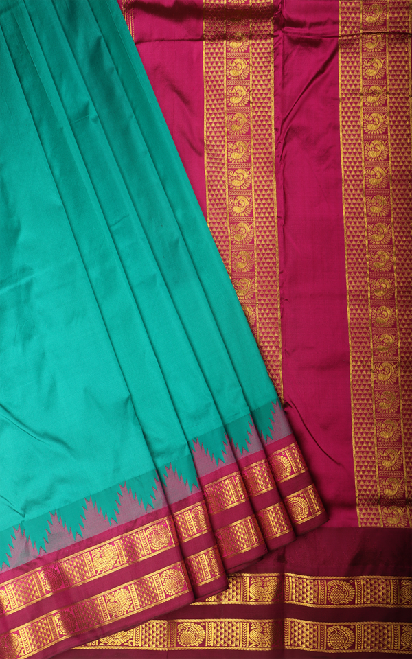 Teal Green and Maroon 10 Yards Pure Silk Saree