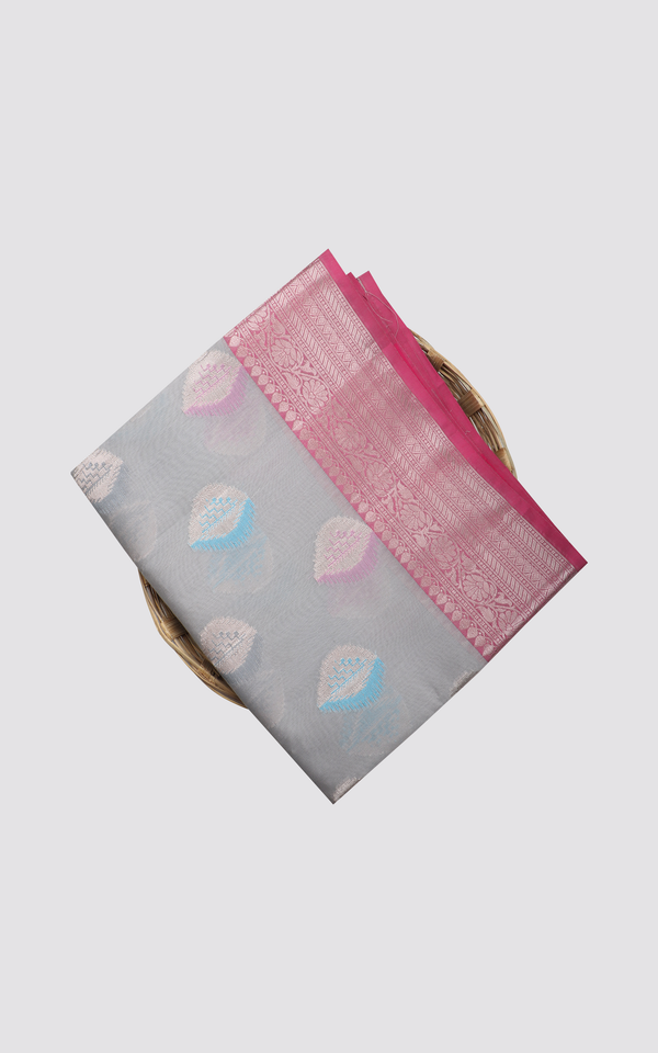Grey and Deep Pink Semi Raw Silk Saree