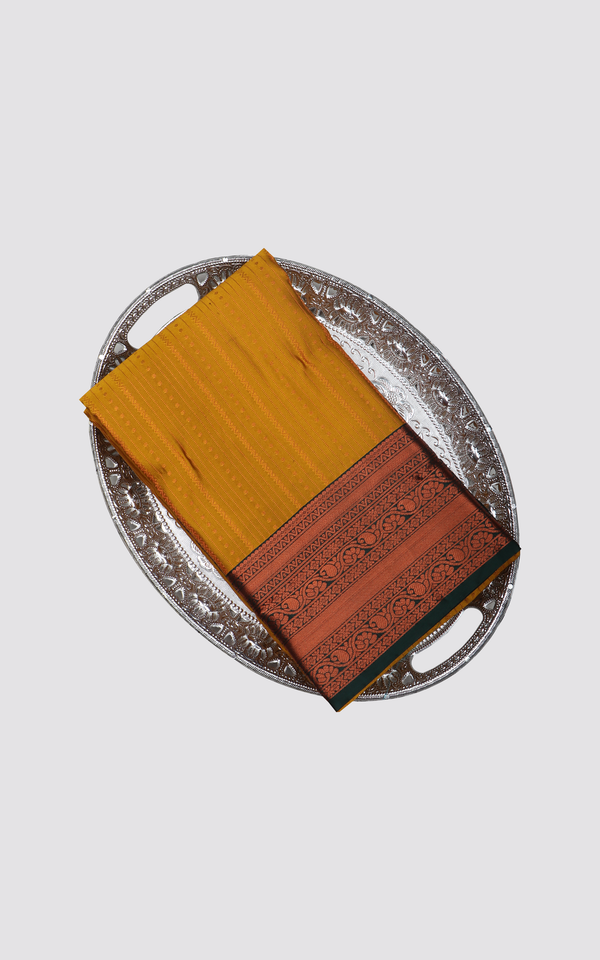 Mustard Yellow and Green Semi Kanjivaram Silk Saree