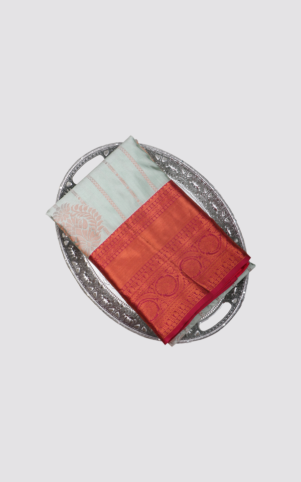 Pastel Green and Red Semi Kanjivaram Silk Saree