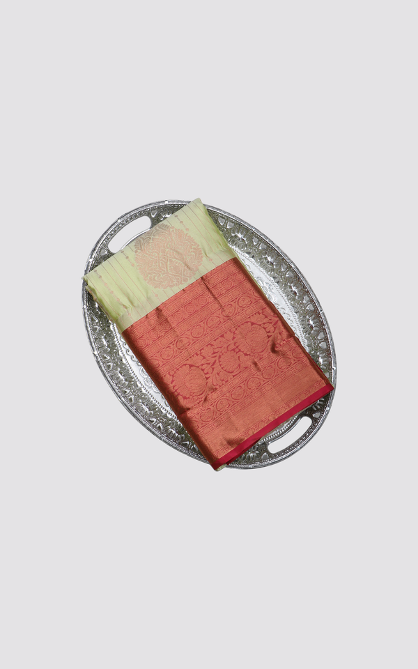 Semi Kanjivaram Silk Saree Light Olive Green and Red with allover zari stripes & zari woven Border
