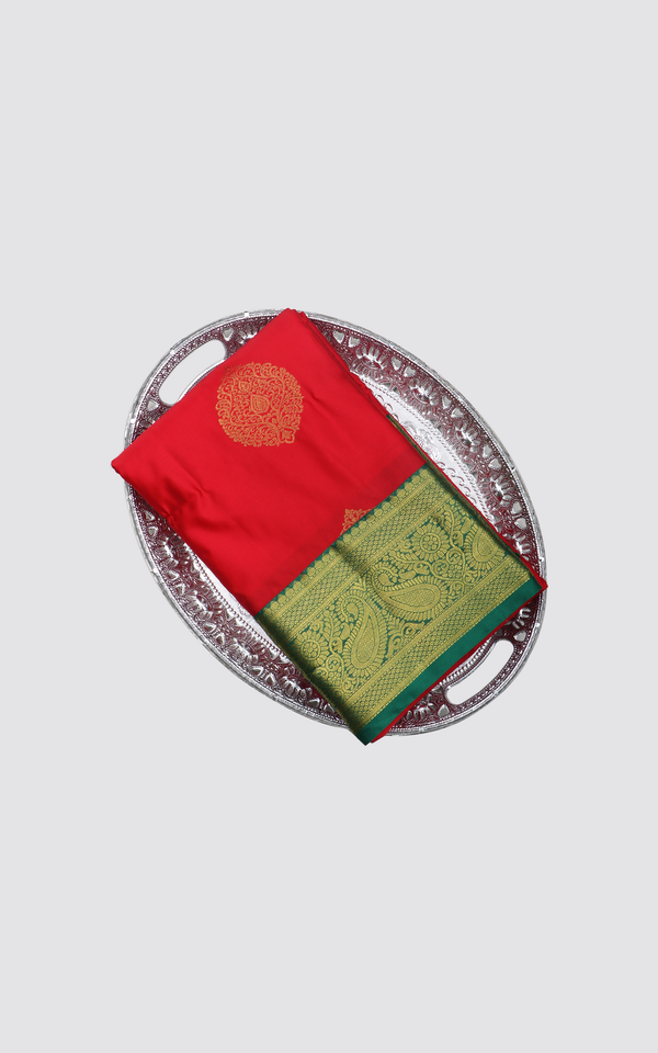 Semi Kanjivaram Silk Saree Red and Green with allover zari woven buttas & zari woven Border