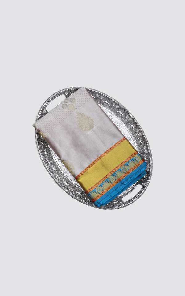 Semi Kanjivaram Silk Saree Gray and Blue with Self emboss pattern with zari woven Buttas & zari woven Border