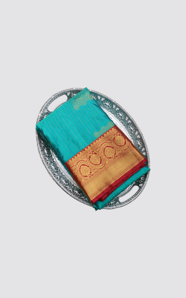 Semi Kanjivaram Silk Saree Teal Green and Red with allover zari buttas & zari woven border