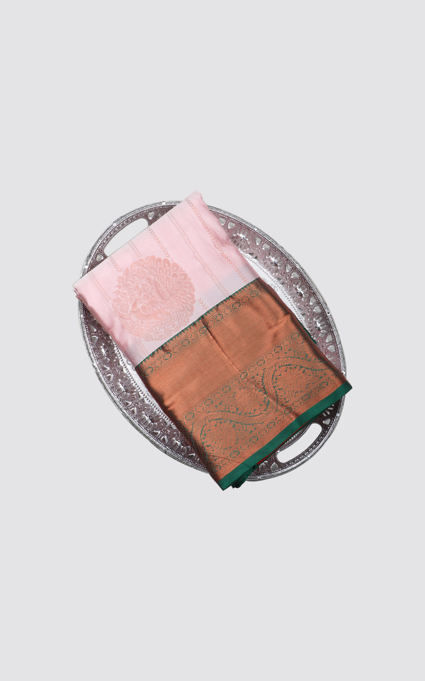 Semi Kanjivaram Silk Saree Pastel Pink and Green with allover zari stripes and Buttas & zari woven Border